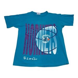 VNTG 90s The Game Charlotte Hornets Blue Big‎ Print Distressed Shirt Men's Large